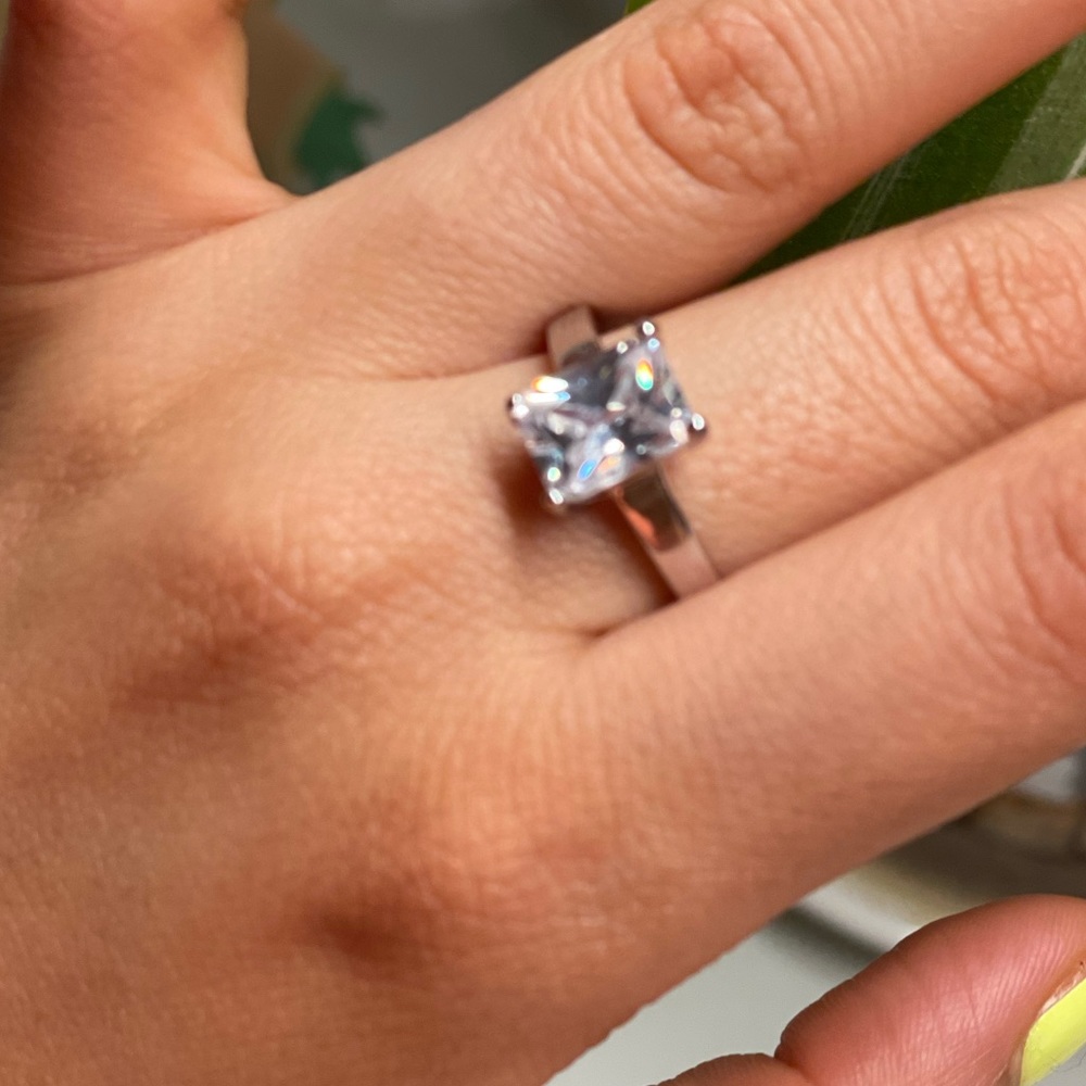 Silver Square White Stone Ring Sz 8.75